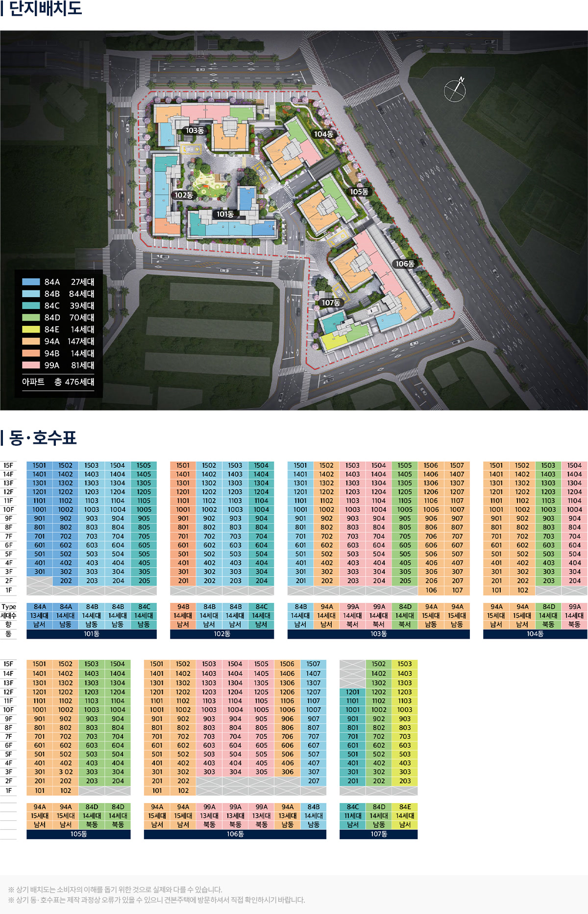 화서역 호수공원 아너스빌 단지배치도와 동·호수표, 101~107동, 84㎡A~E · 94㎡A·B · 99㎡A